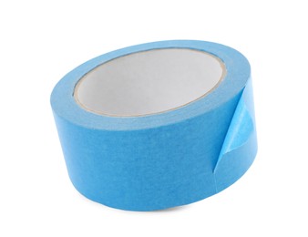 Photo of Roll of light blue adhesive tape isolated on white