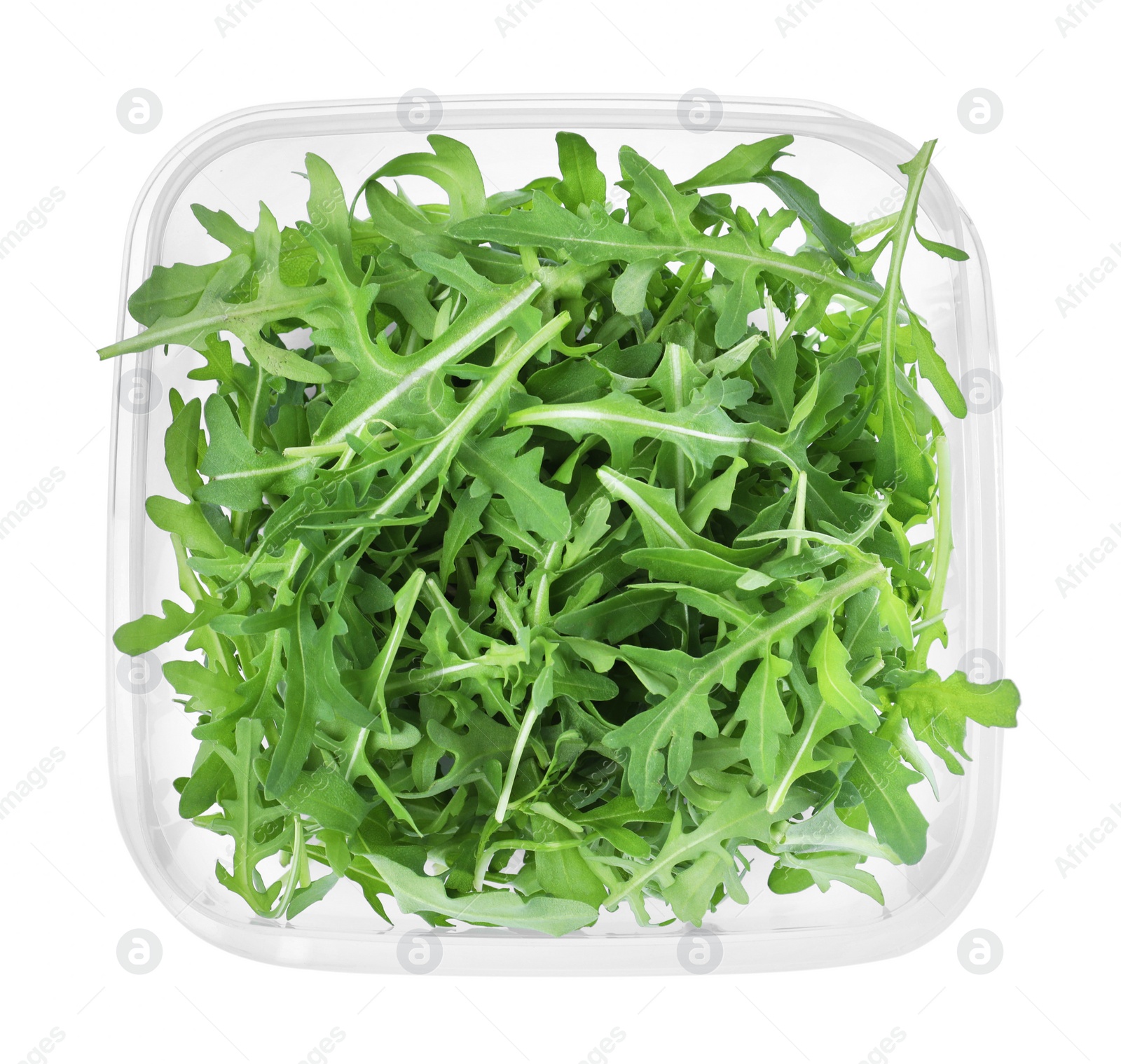 Photo of Fresh arugula in plastic container isolated on white, top view