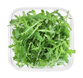 Fresh arugula in plastic container isolated on white, top view