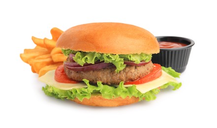 Photo of Tasty burger served with french fries and ketchup isolated on white