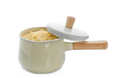 Photo of Saucepan with mashed potatoes on white background