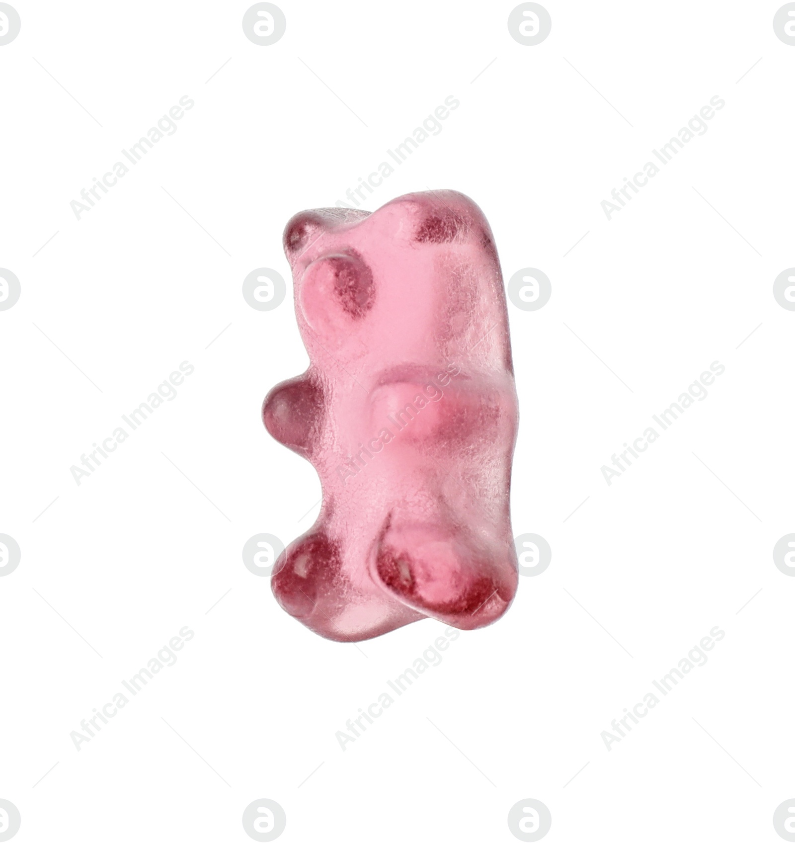 Photo of Delicious pink jelly bear on white background