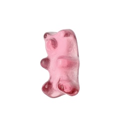 Photo of Delicious pink jelly bear on white background