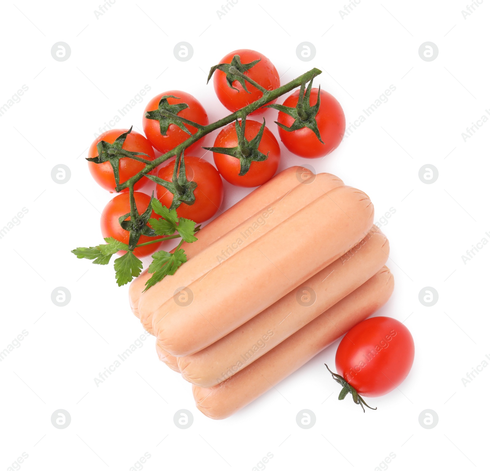 Photo of Delicious boiled sausages, tomatoes and parsley on white background, top view