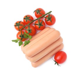 Photo of Delicious boiled sausages, tomatoes and parsley on white background, top view