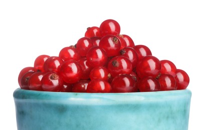 Photo of Tasty ripe red currants in bowl isolated on white