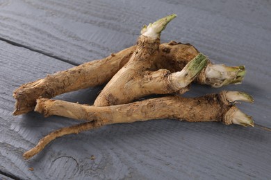 Fresh raw horseradish roots on grey wooden table, closeup