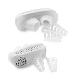 Image of Different anti-snoring devices for nose on white background