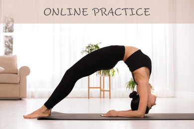 Image of Young woman in sportswear practicing yoga at home