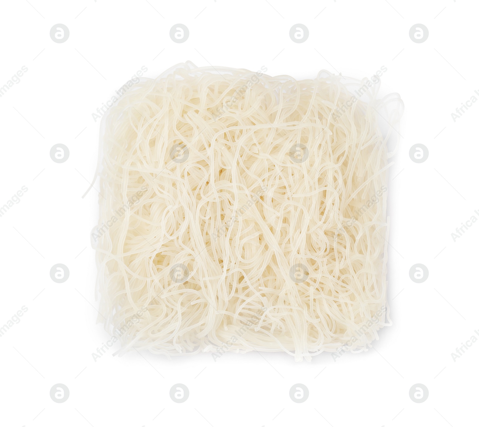 Photo of Brick of dried rice noodles isolated on white, top view