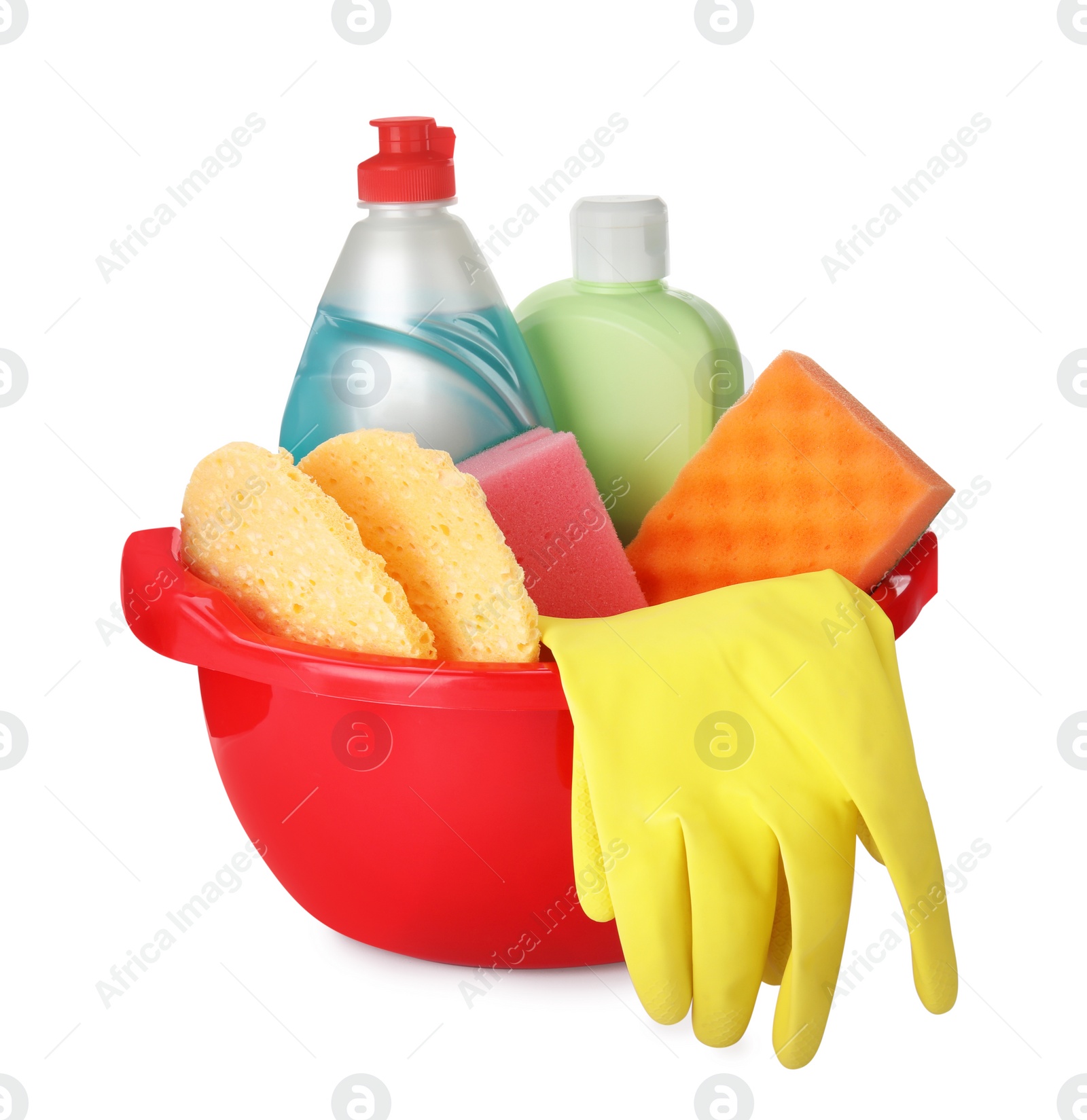 Photo of Red basin with cleaning supplies and tools on white background