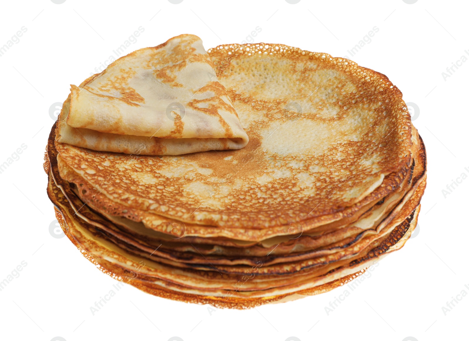 Photo of Stack of delicious crepes on white background