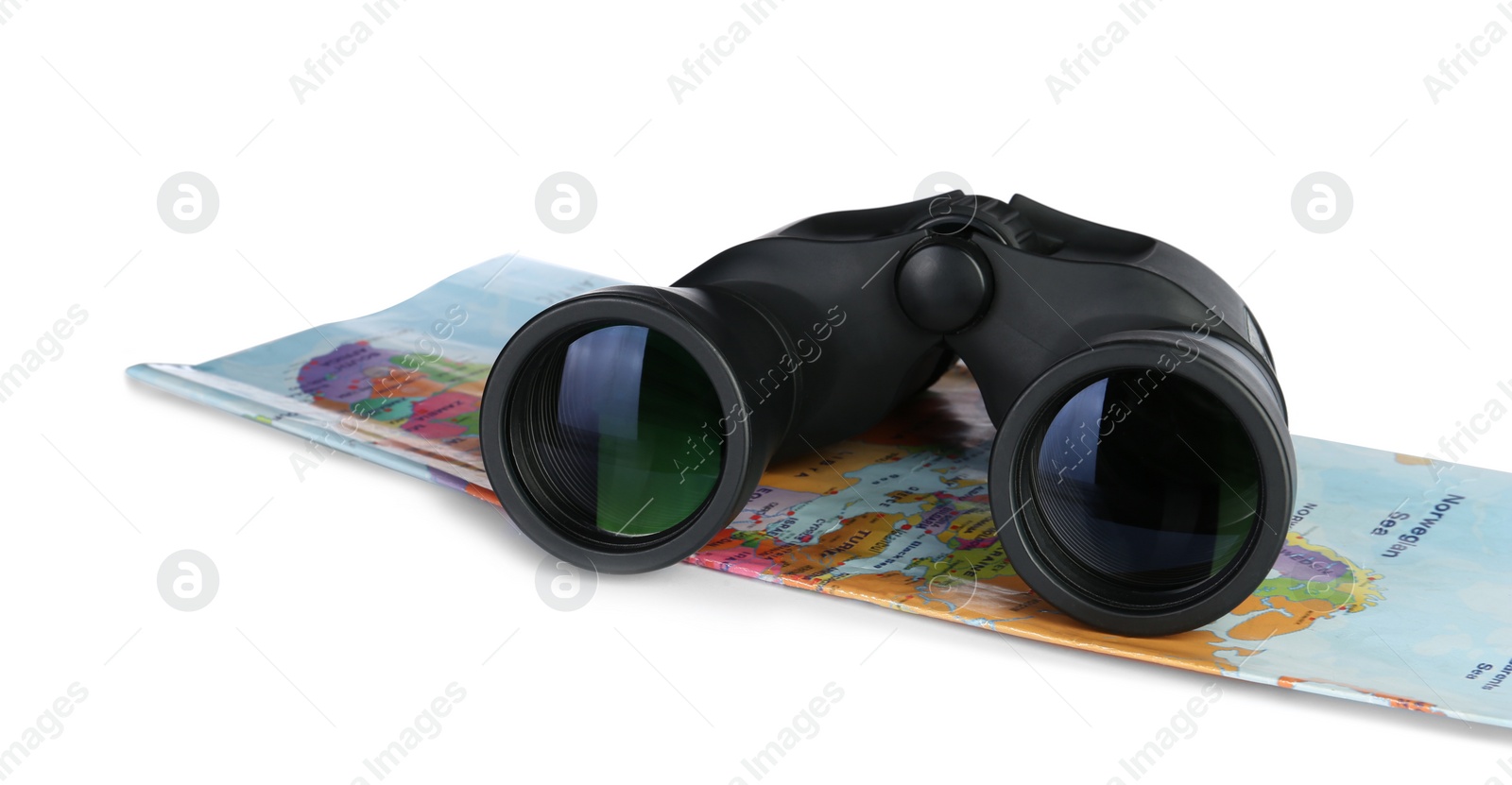 Photo of Modern binoculars and map on white background