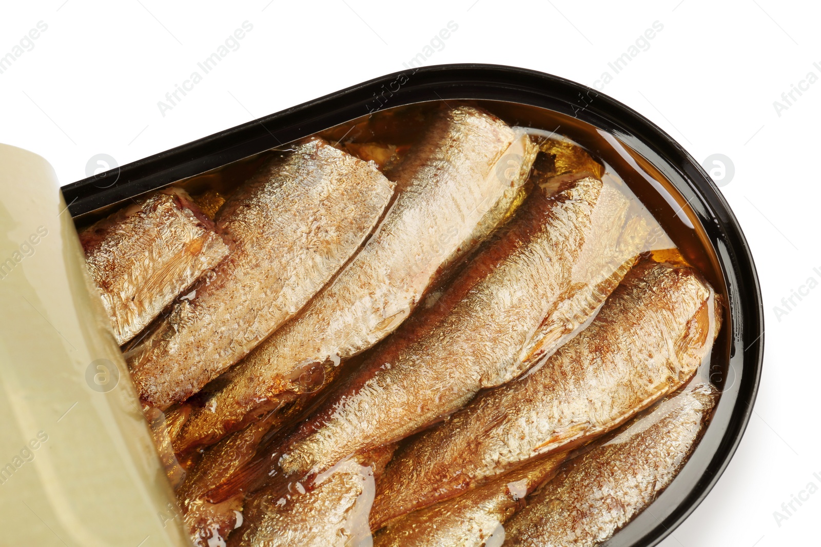 Photo of One tin can of sprats isolated on white, top view