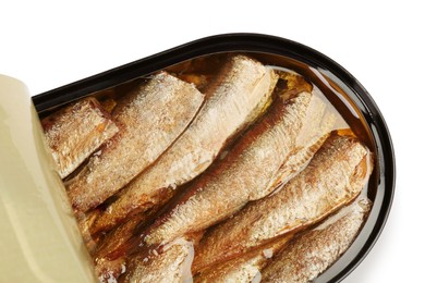 One tin can of sprats isolated on white, top view