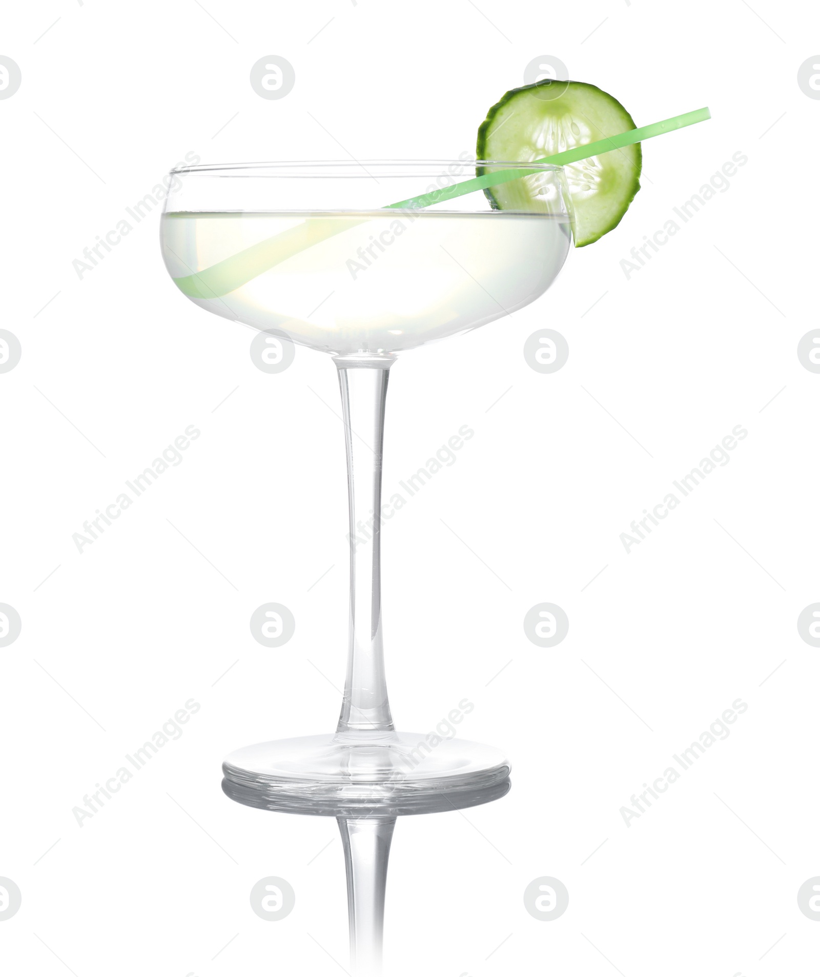 Photo of Glass of tasty martini with cucumber on white background