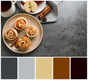 Image of Flat lay composition with freshly baked apple roses served on grey table and color palette. Collage