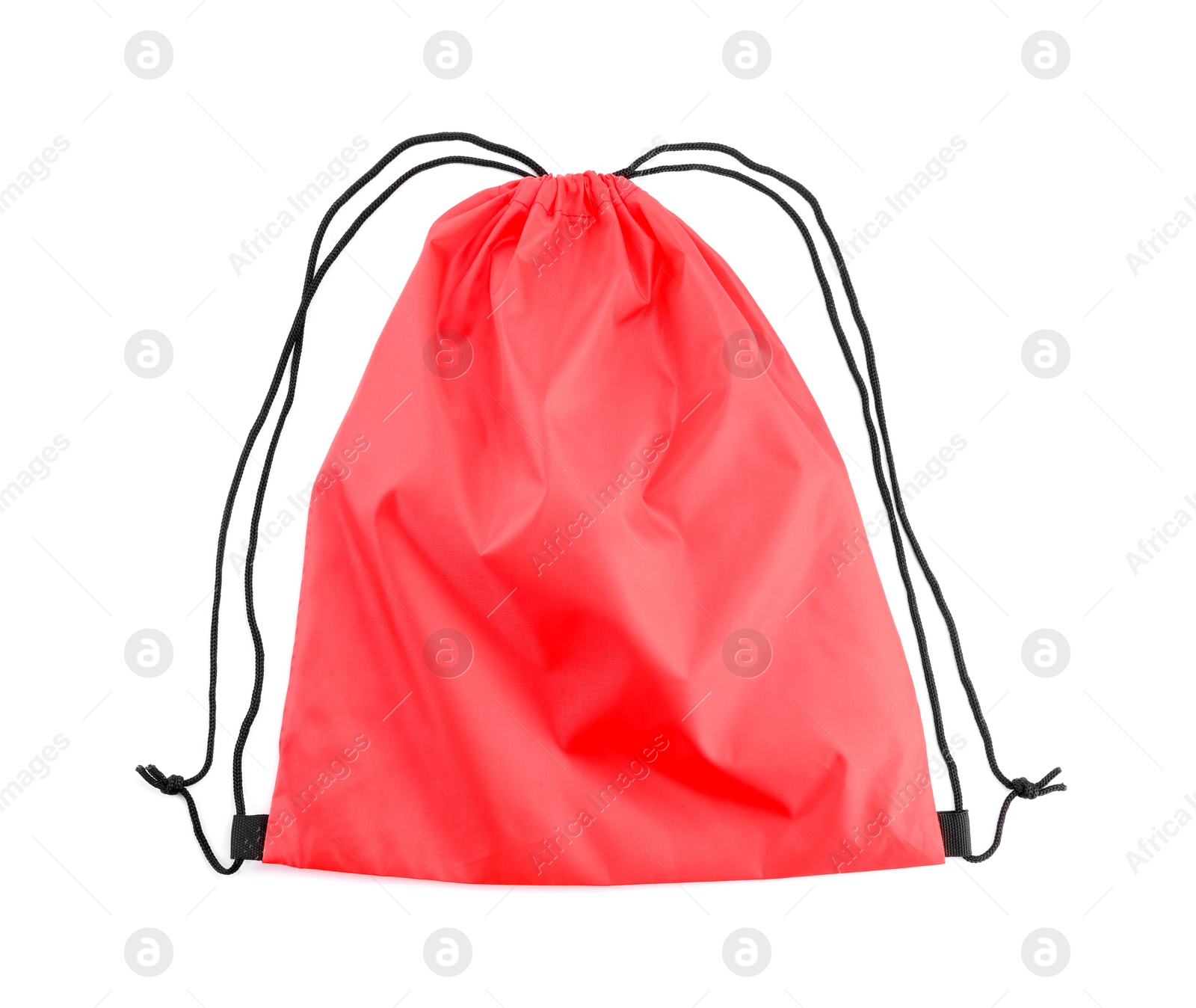 Photo of One red drawstring bag isolated on white