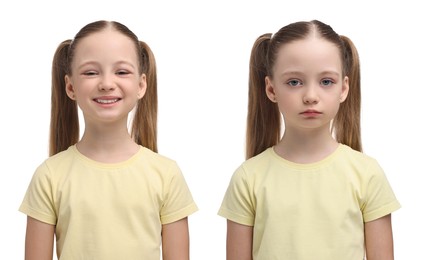 Girl showing different emotions on white background, collage