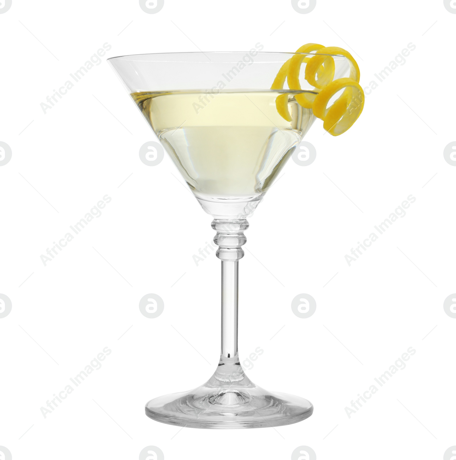 Photo of Glass of lemon drop martini on white background