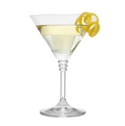 Photo of Glass of lemon drop martini on white background