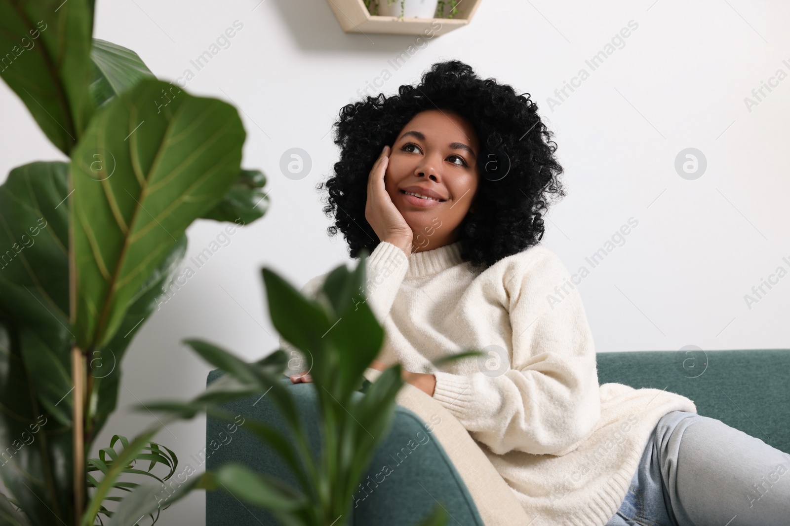 Photo of Relaxing atmosphere. Happy woman on sofa near beautiful houseplants at home