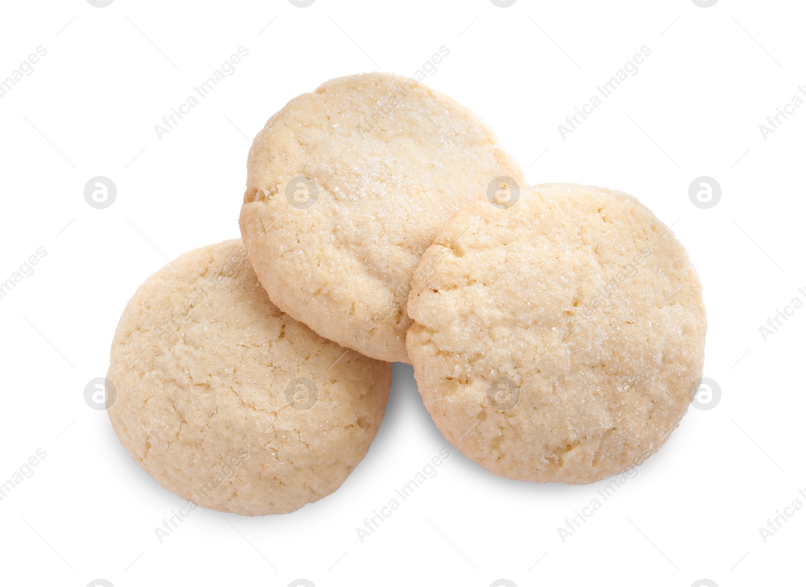 Photo of Three tasty sugar cookies isolated on white, top view