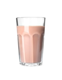 Photo of Glass with tasty chocolate milk on white background. Dairy drink