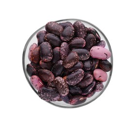 Photo of Bowl with dry kidney beans isolated on white, top view