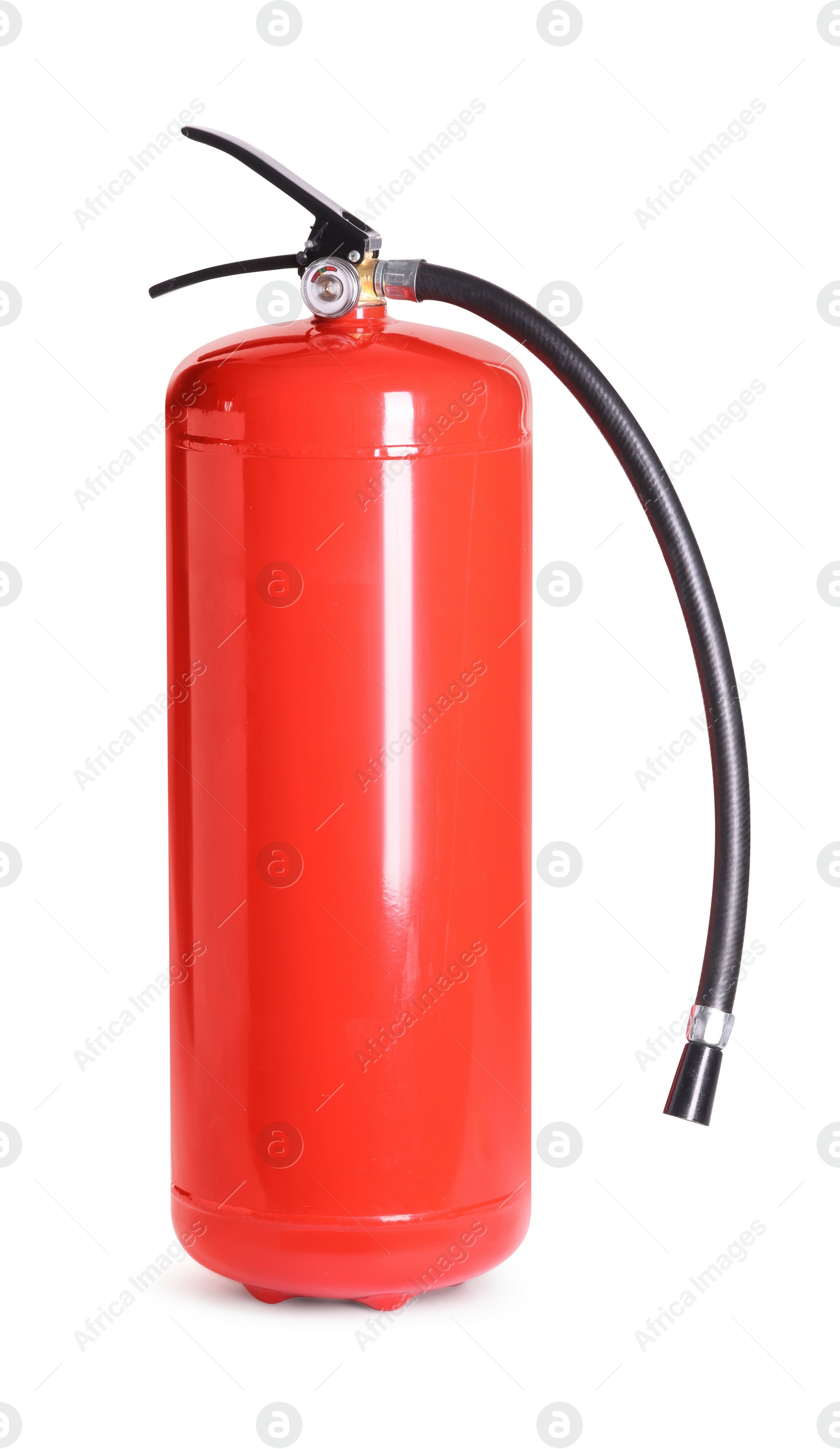 Photo of One red fire extinguisher on white background