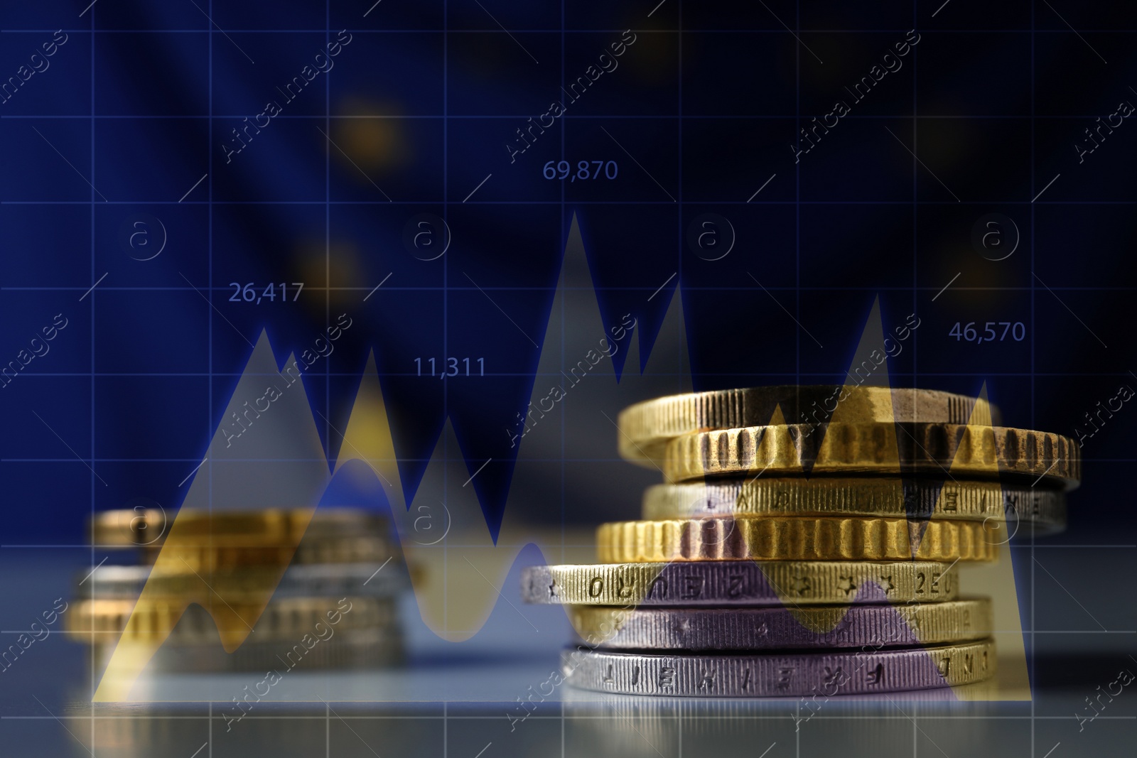 Image of Concept of bonds. Many coins on table and illustration of financial charts