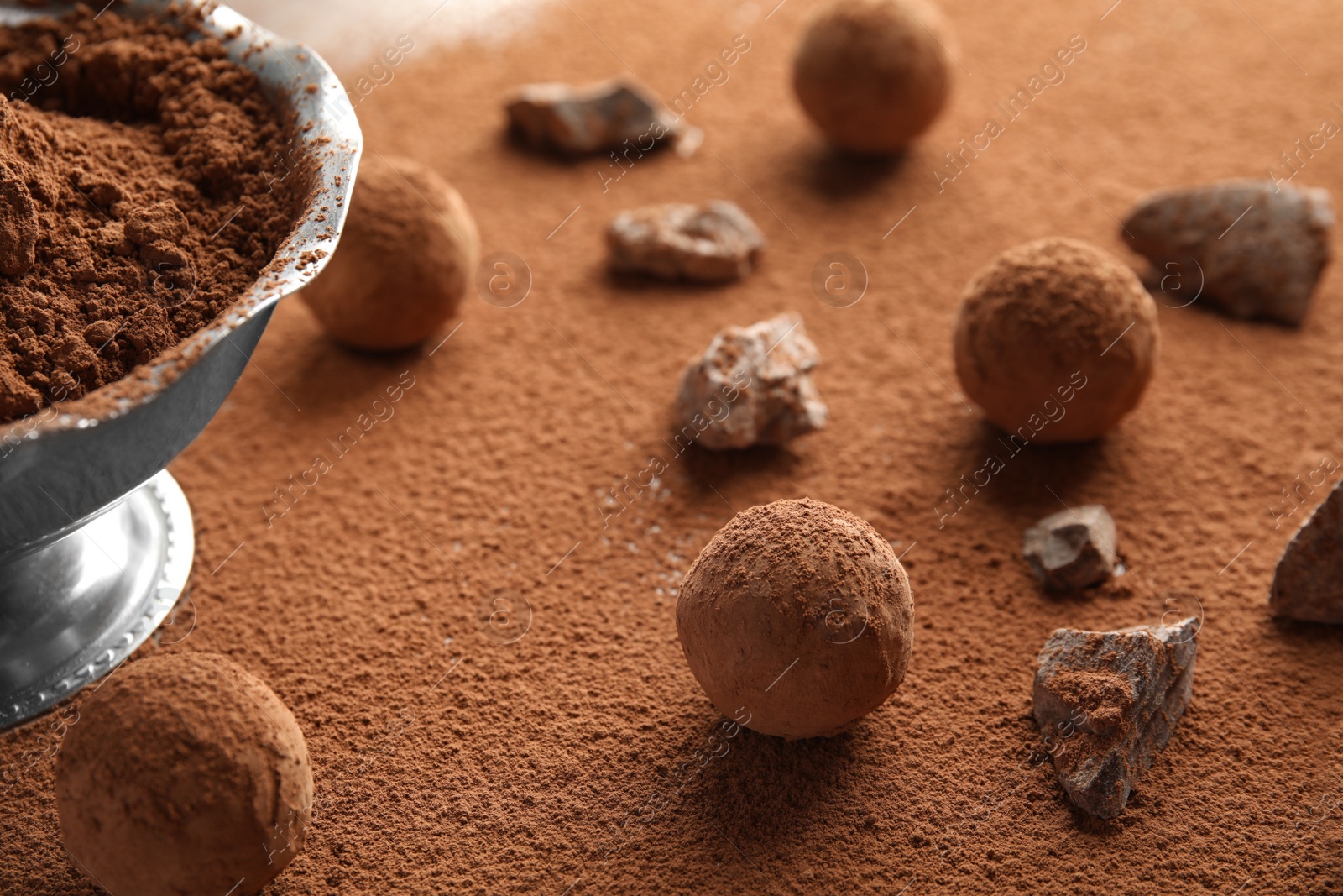 Photo of Composition with tasty raw chocolate truffles on cocoa powder