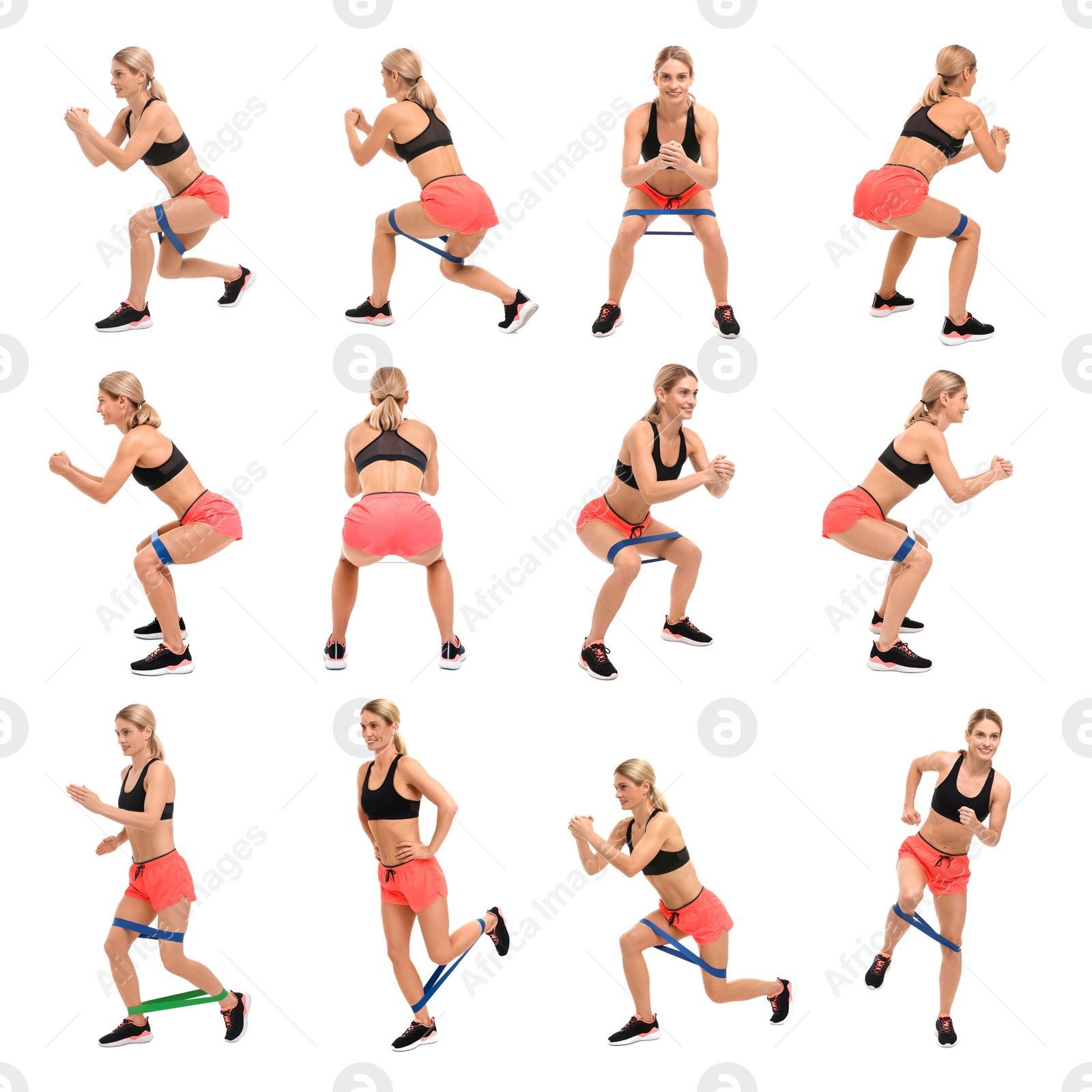 Image of Athletic woman doing different exercises with elastic resistance band on white background, set of photos