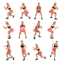 Image of Athletic woman doing different exercises with elastic resistance band on white background, set of photos