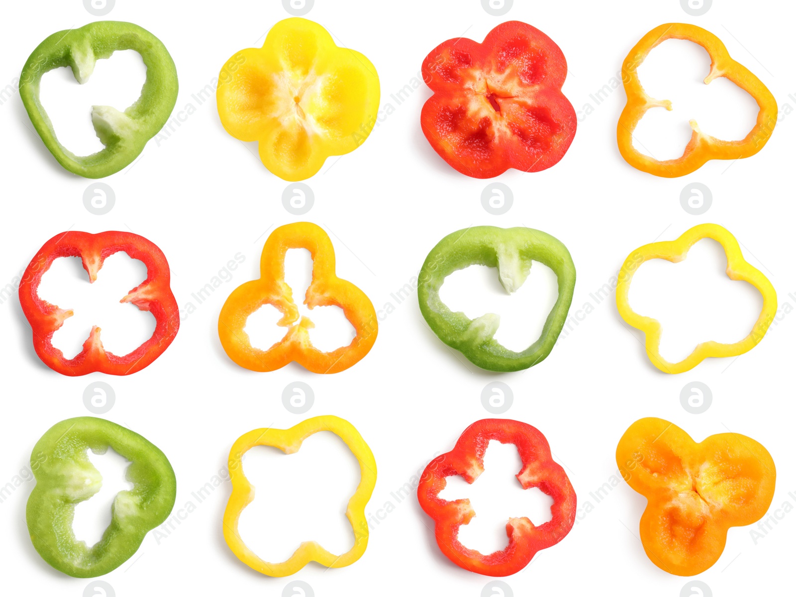Image of Set of different cut ripe bell peppers on white background, top view