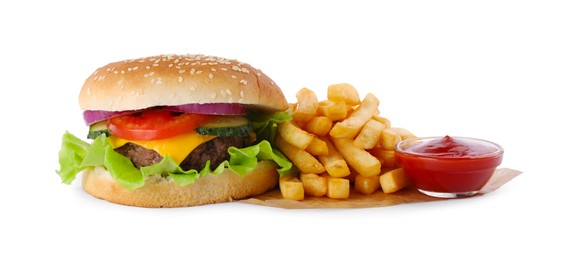 Photo of Delicious burger, ketchup and french fries on white background