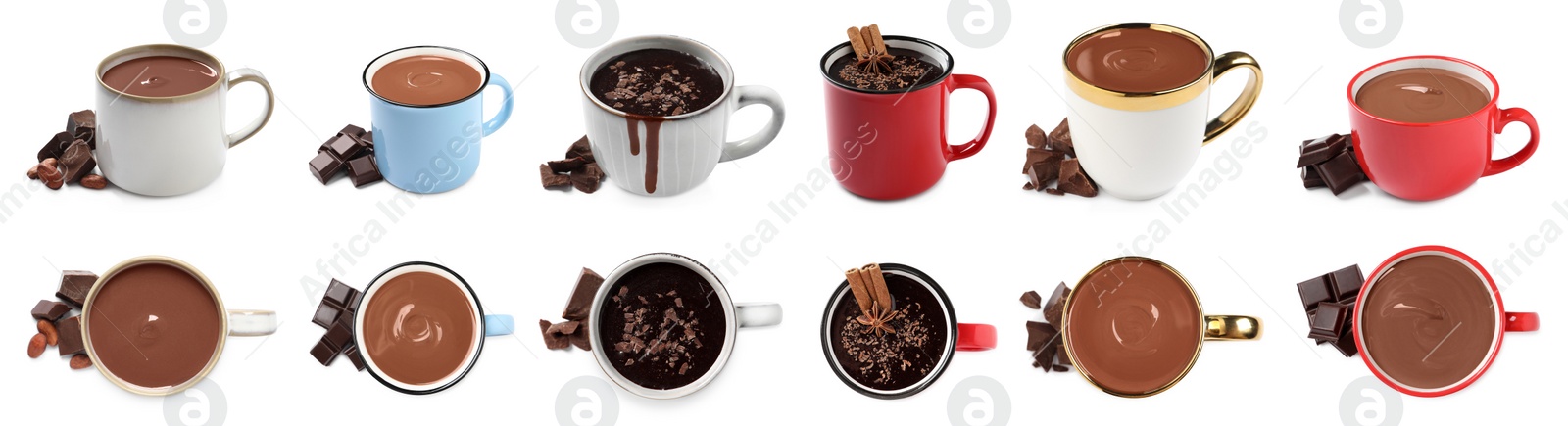 Image of Delicious hot chocolate in cups isolated on white, top and side views