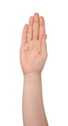 Photo of Woman showing hand on white background, closeup