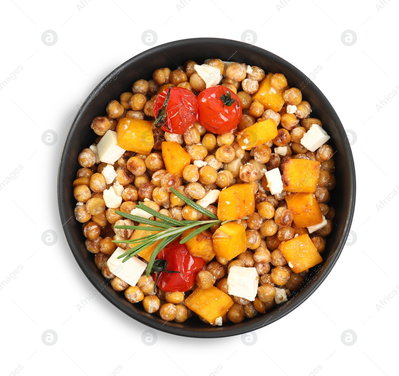 Photo of Bowl with delicious fresh chickpea salad isolated on white, top view