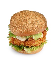 Photo of Delicious burger with crispy chicken patty isolated on white