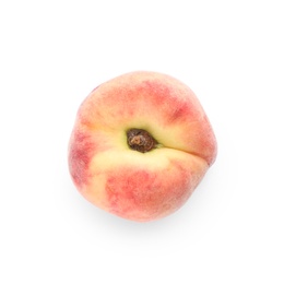 Photo of Fresh ripe donut peach isolated on white, top view