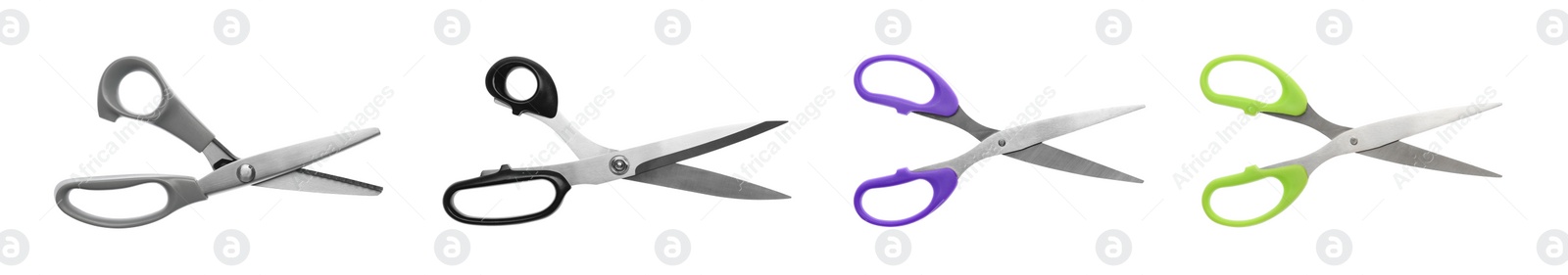 Image of Set with different scissors on white background. Banner design