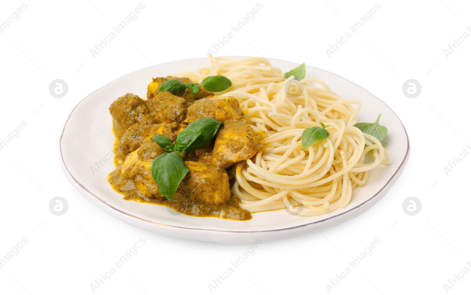 Photo of Delicious pasta and chicken with curry sauce isolated on white