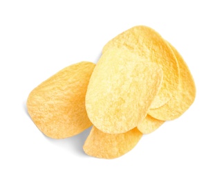 Tasty crispy potato chips on white background