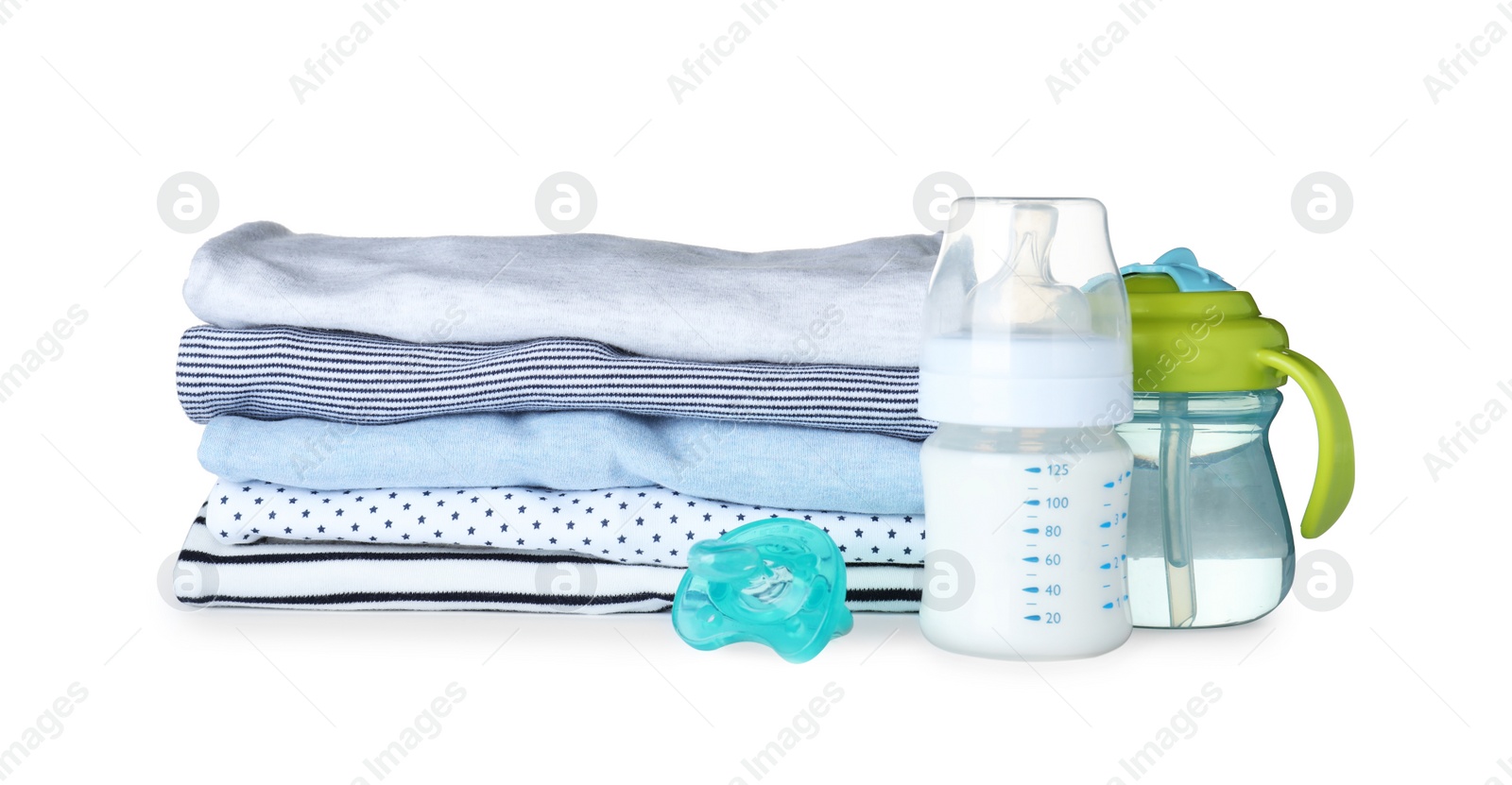 Photo of Set of baby accessories on white background