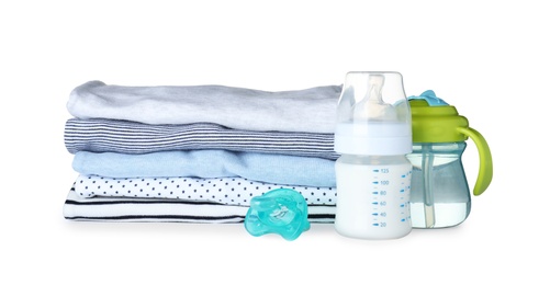 Set of baby accessories on white background