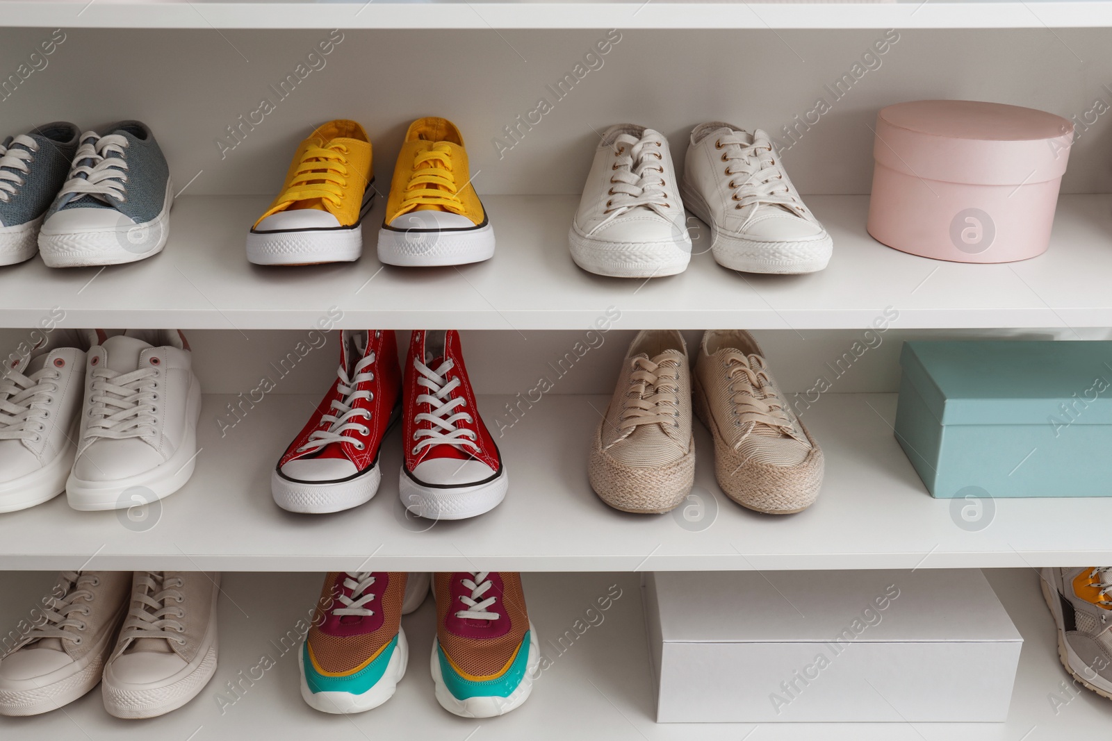 Photo of White shelving unit with collection of colorful sneakers