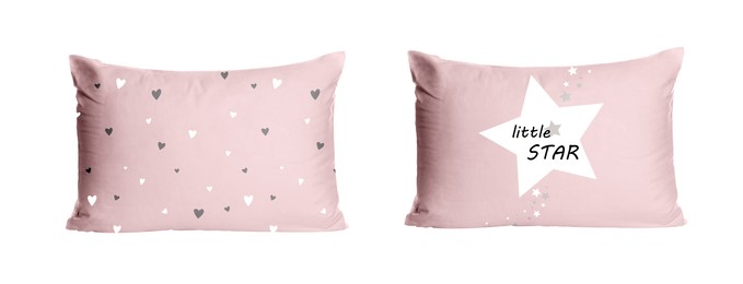 Image of Soft pillows with cute prints isolated on white