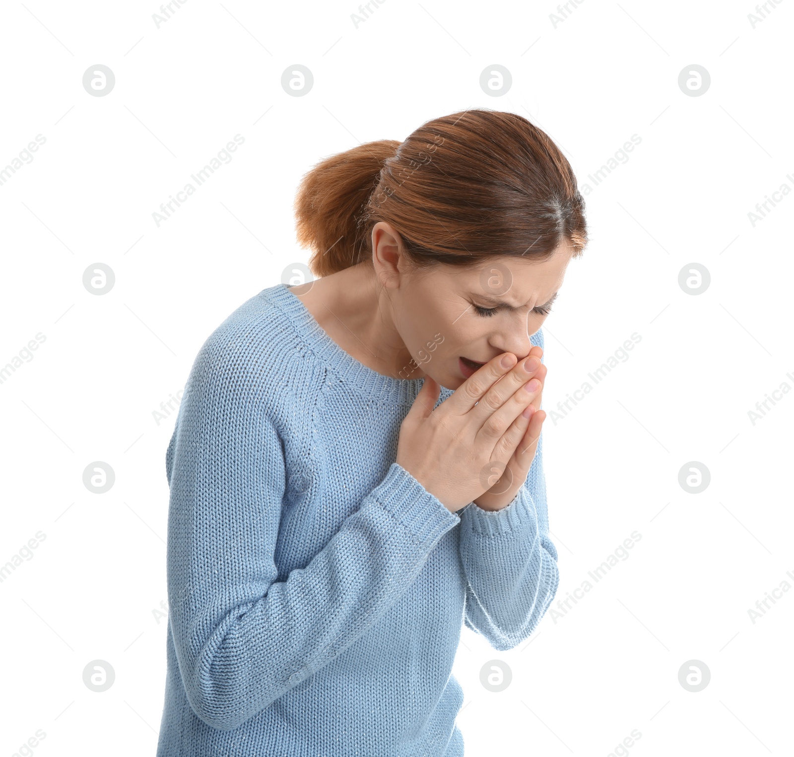 Photo of Woman suffering from cough isolated on white
