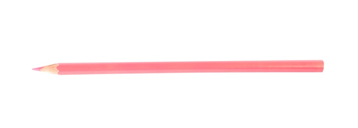 Photo of Pink wooden pencil on white background, top view. School stationery